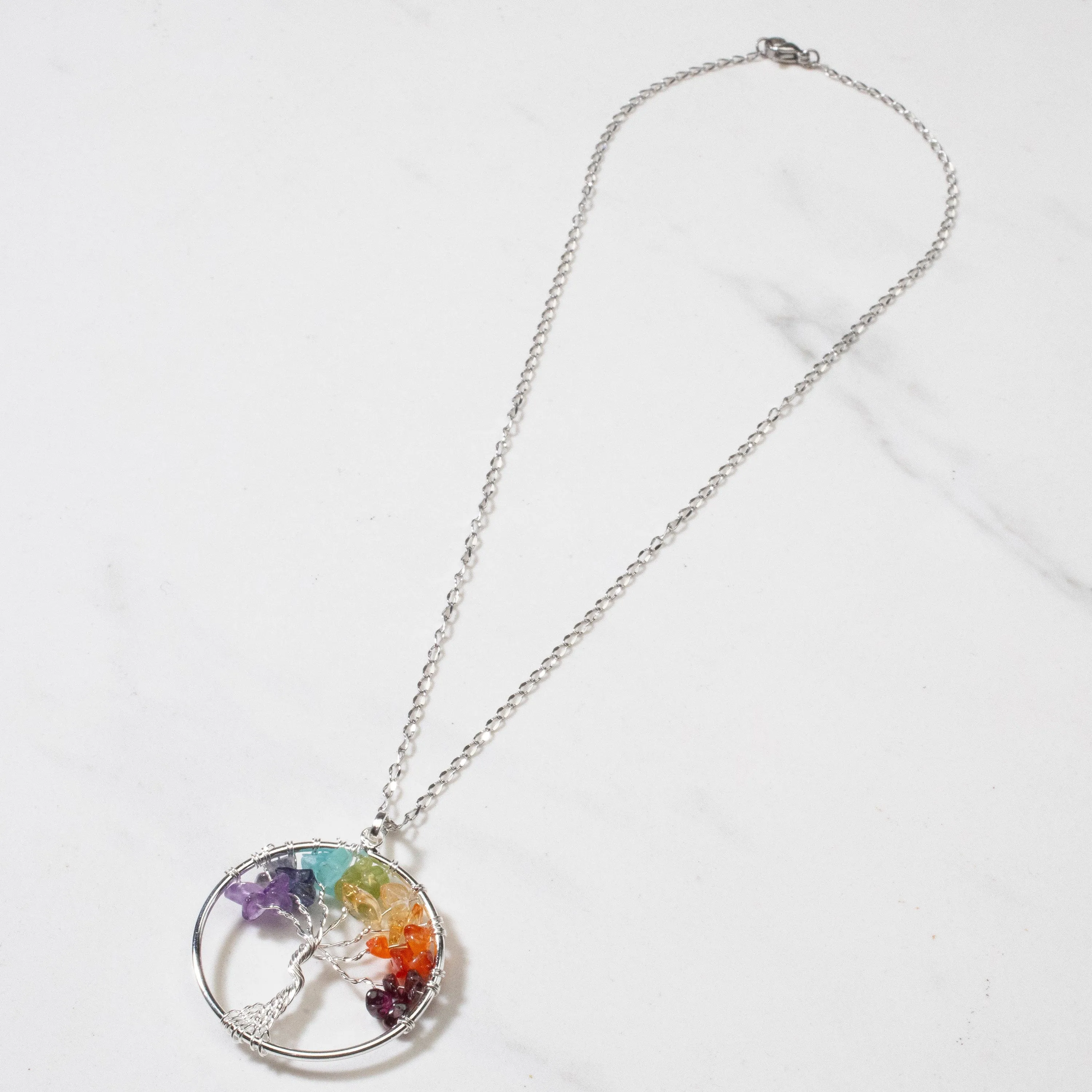 Multi Gem Chakra Gemstone Tree of Life Necklace & Stainless Steel Chain