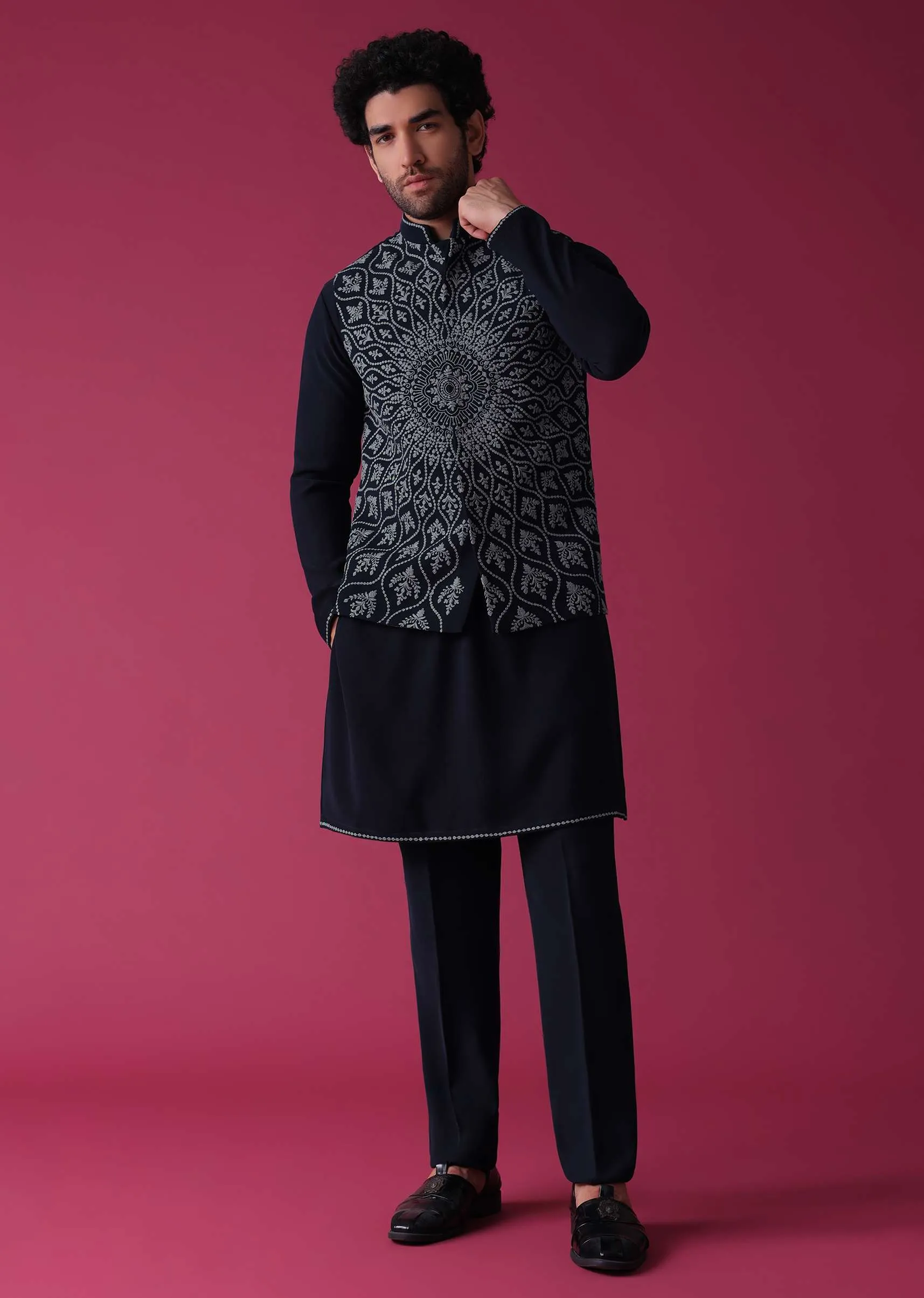 Navy Blue Jacket Kurta Set In Silk With Detailed Threadwork Patterns