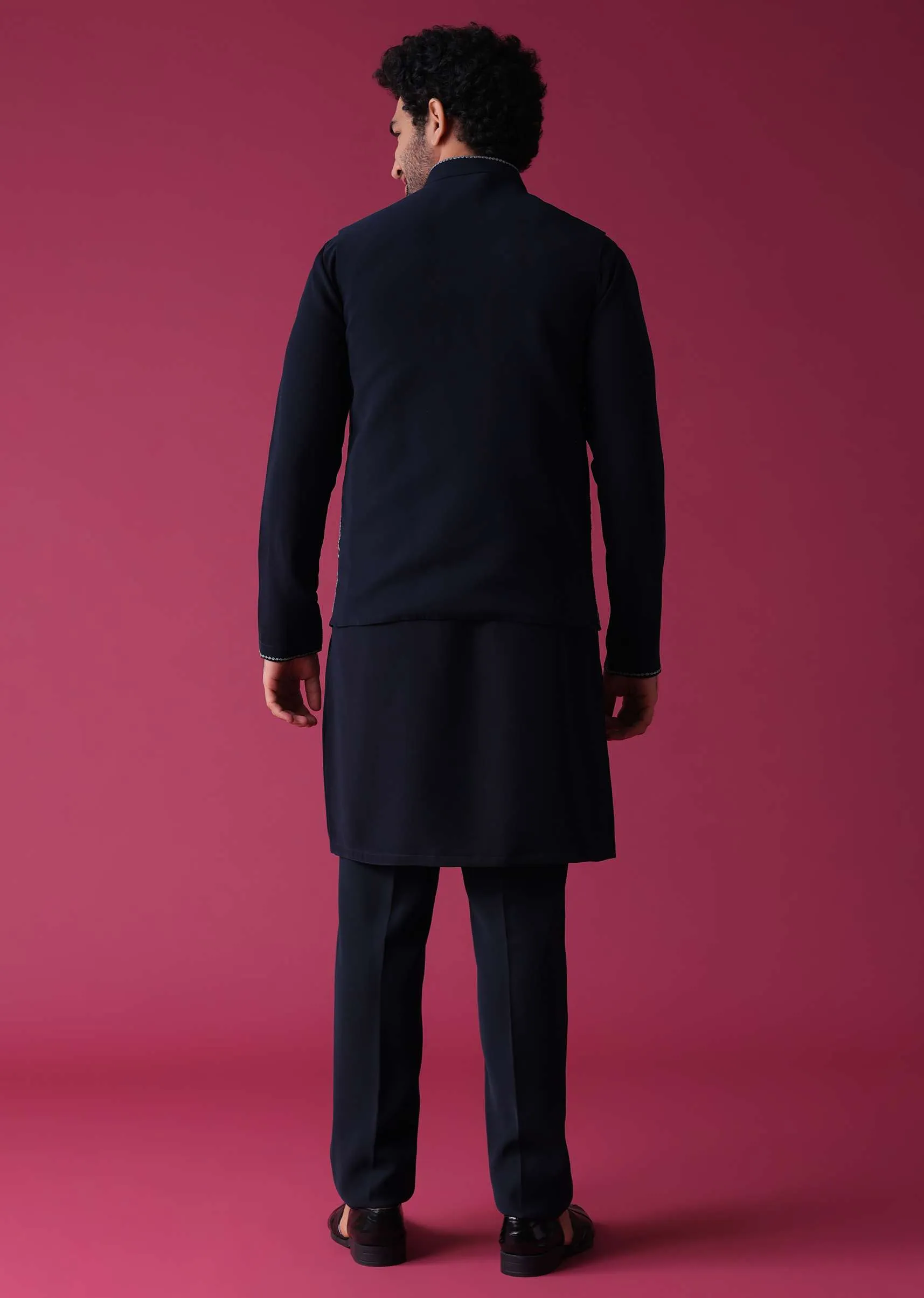 Navy Blue Jacket Kurta Set In Silk With Detailed Threadwork Patterns