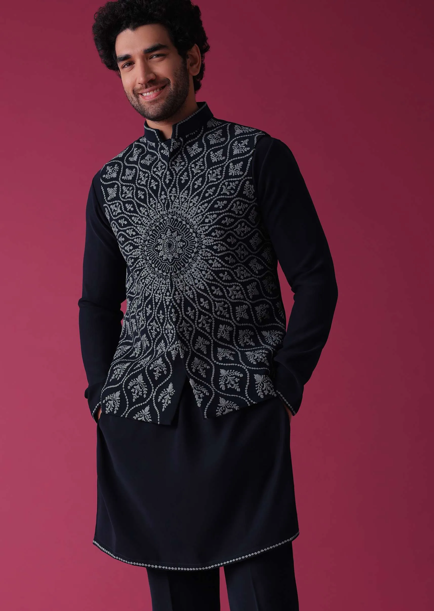 Navy Blue Jacket Kurta Set In Silk With Detailed Threadwork Patterns