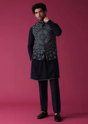 Navy Blue Jacket Kurta Set In Silk With Detailed Threadwork Patterns