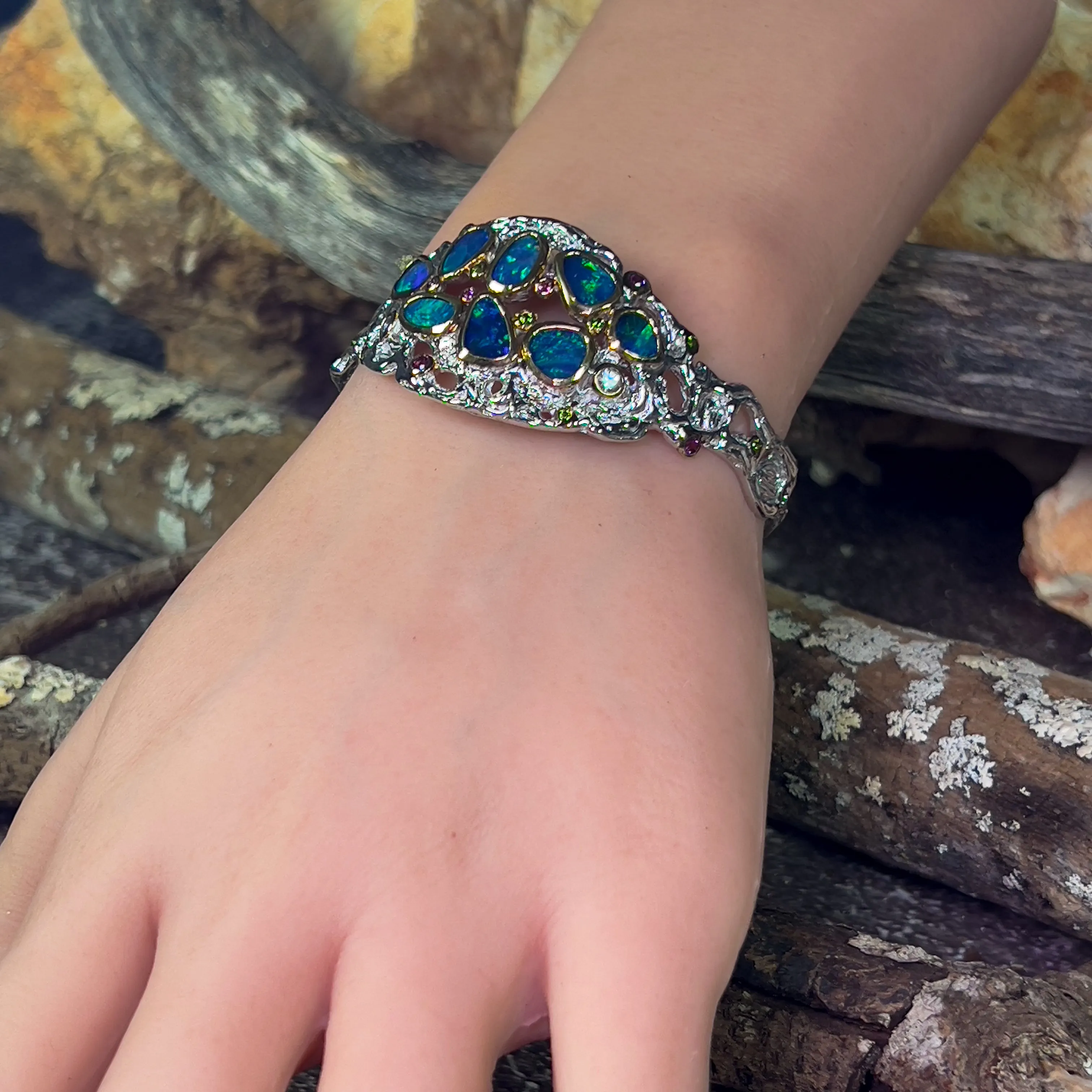 Sterling Silver Coral design Bangle Opal and colour gems