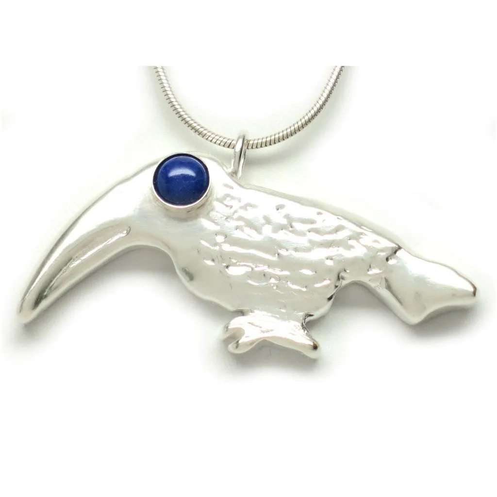 Sterling Silver Toucan Lapis Lazuli Cabochon Pendant Necklace 18L