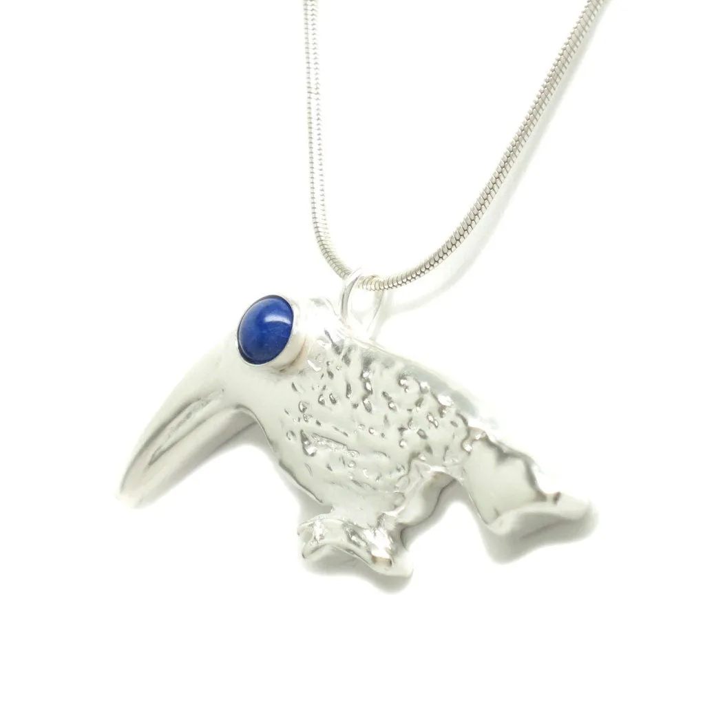 Sterling Silver Toucan Lapis Lazuli Cabochon Pendant Necklace 18L