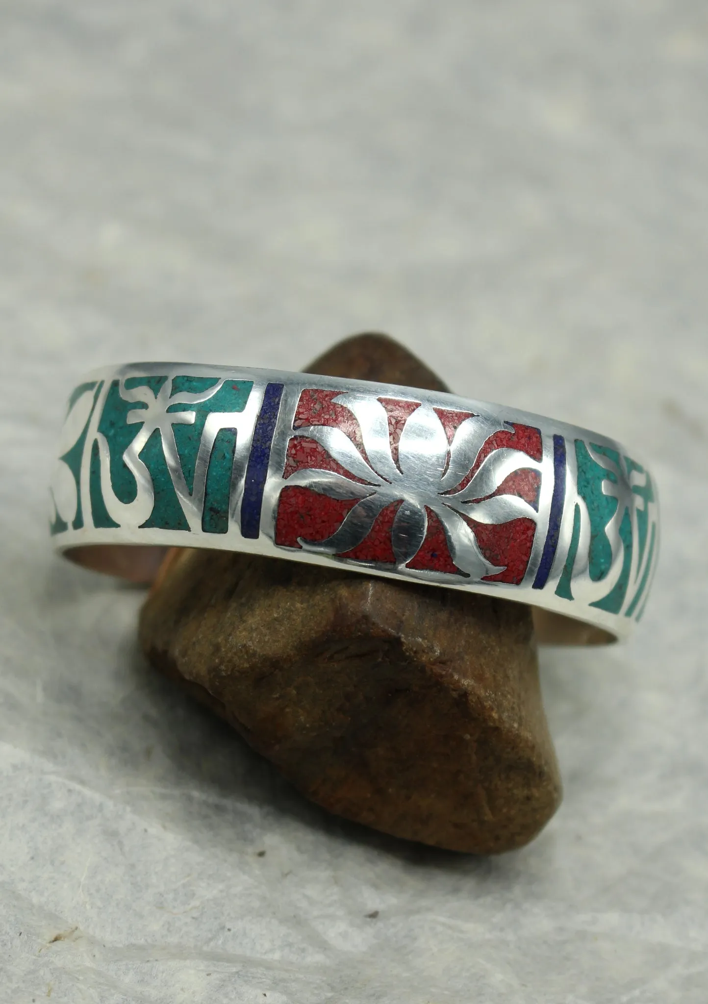 Tibetan OM and Lotus Etched Silver Plated Cuff Bracelets