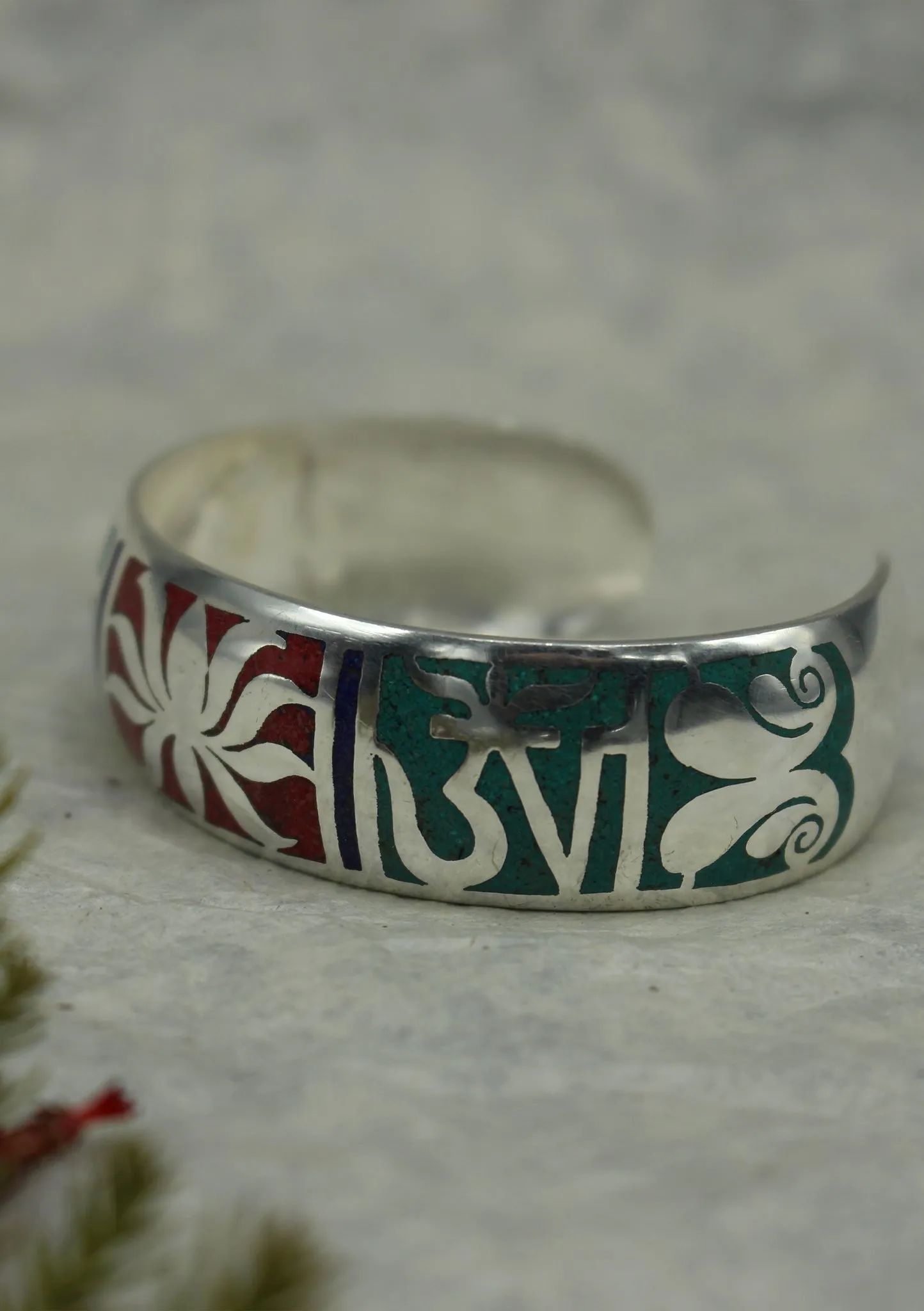 Tibetan OM and Lotus Etched Silver Plated Cuff Bracelets
