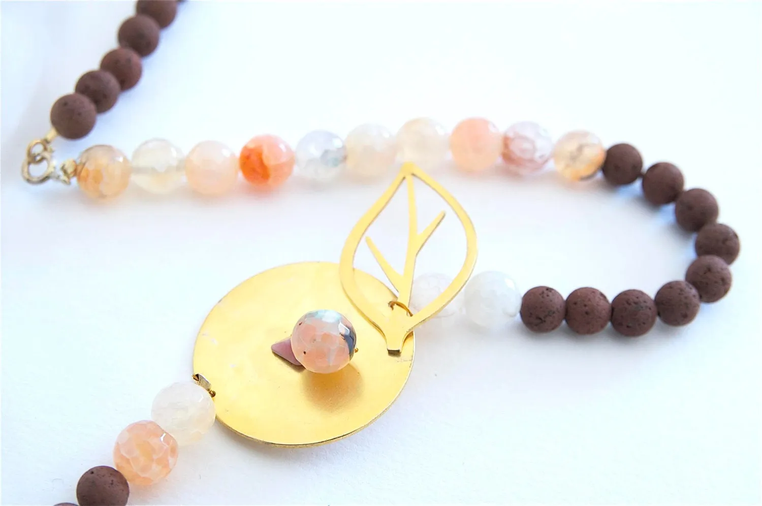 Tourmaline Necklace With Gold Plated Bronze Leaves, Lava Stone Necklace
