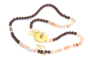 Tourmaline Necklace With Gold Plated Bronze Leaves, Lava Stone Necklace