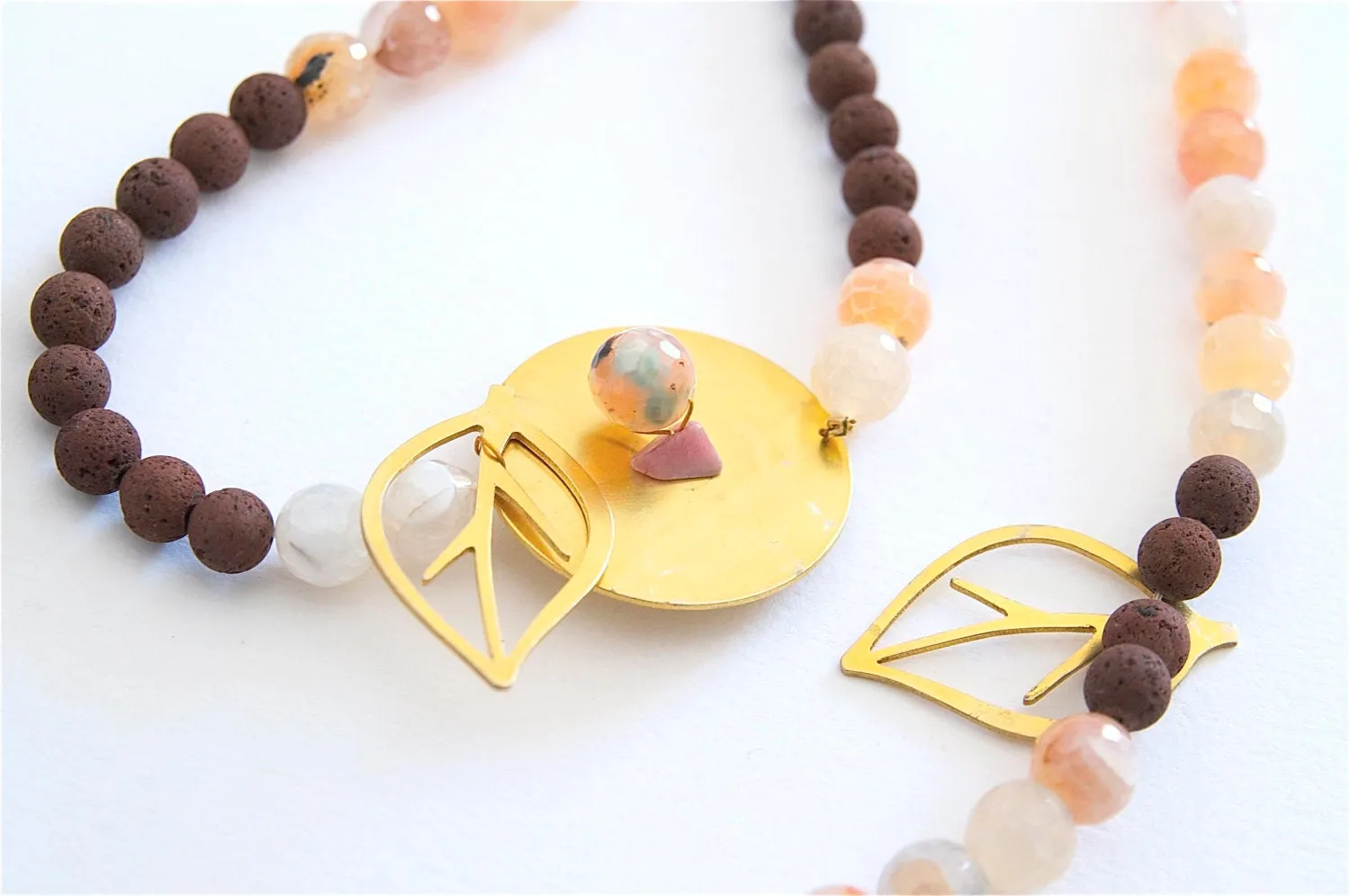 Tourmaline Necklace With Gold Plated Bronze Leaves, Lava Stone Necklace