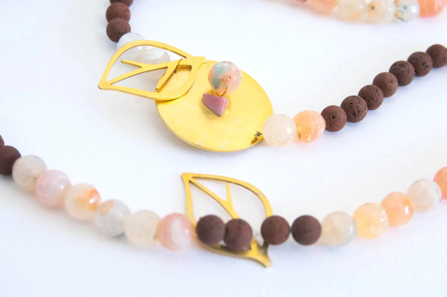 Tourmaline Necklace With Gold Plated Bronze Leaves, Lava Stone Necklace