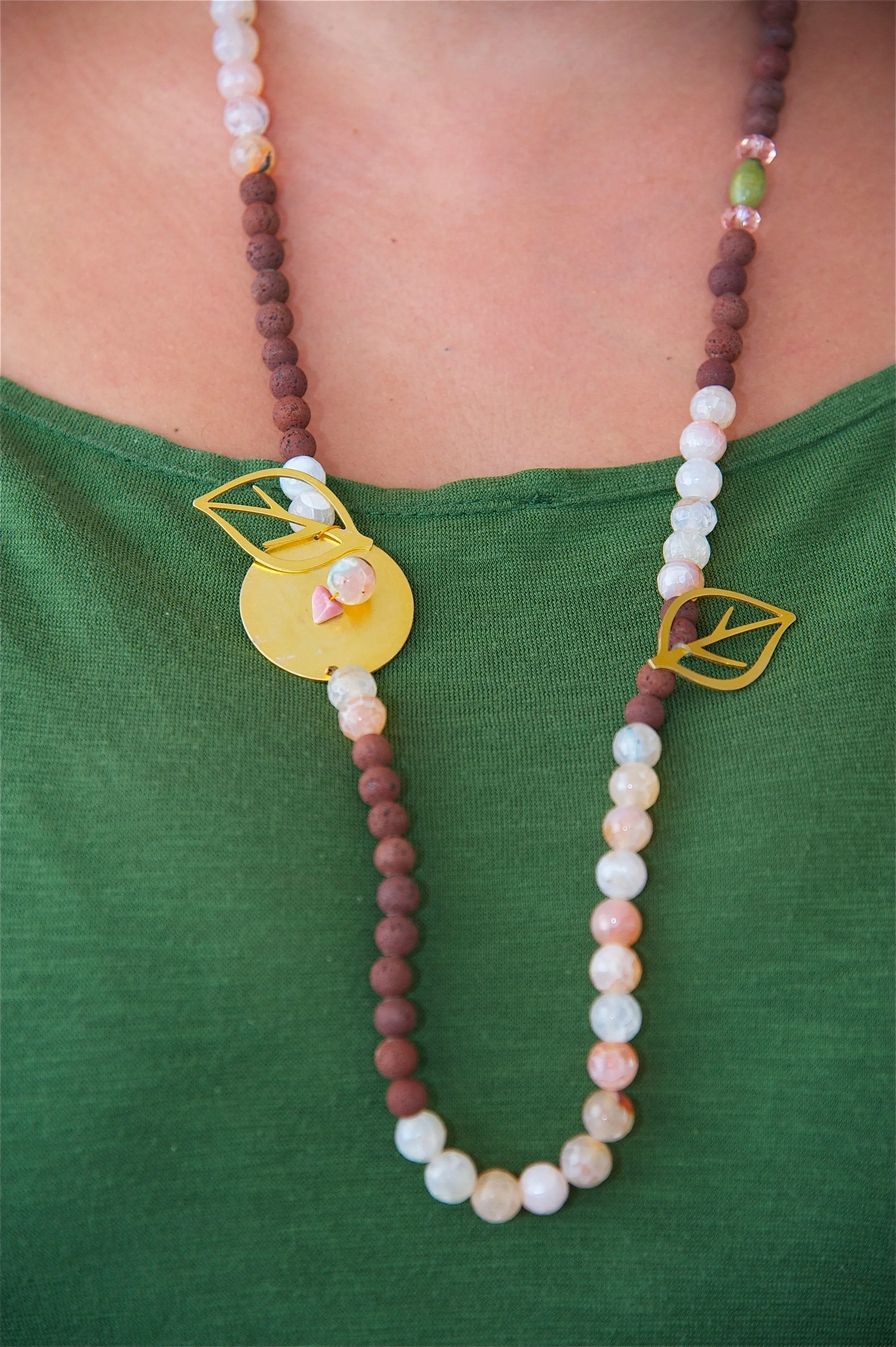 Tourmaline Necklace With Gold Plated Bronze Leaves, Lava Stone Necklace