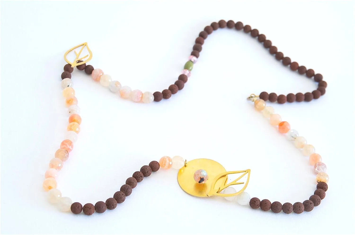 Tourmaline Necklace With Gold Plated Bronze Leaves, Lava Stone Necklace